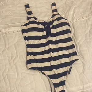 Navy and White striped one piece low back swimsuit